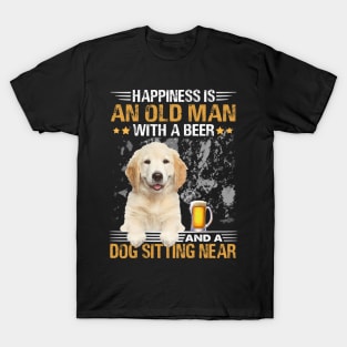 Happiness Is An Old Man With A Beer And A Golden Retriever Sitting Near T-Shirt